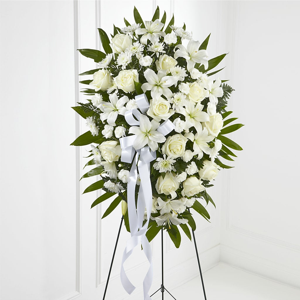 Exquisite Tribute Standing Spray-White Ribbon – Rj Flowers Design, Galloway OH